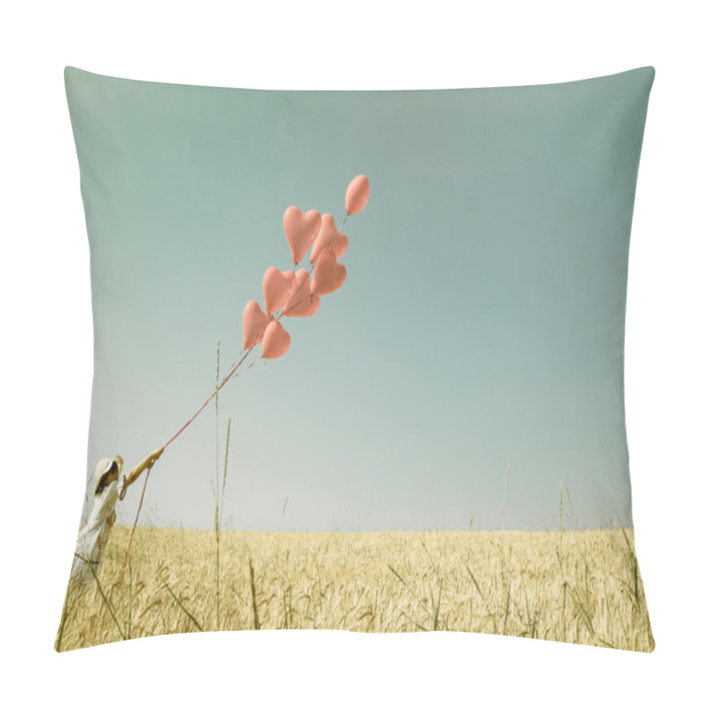 Personality  Young Romantic Girl With Red Heart Balloons Walking In A Field O Pillow Covers