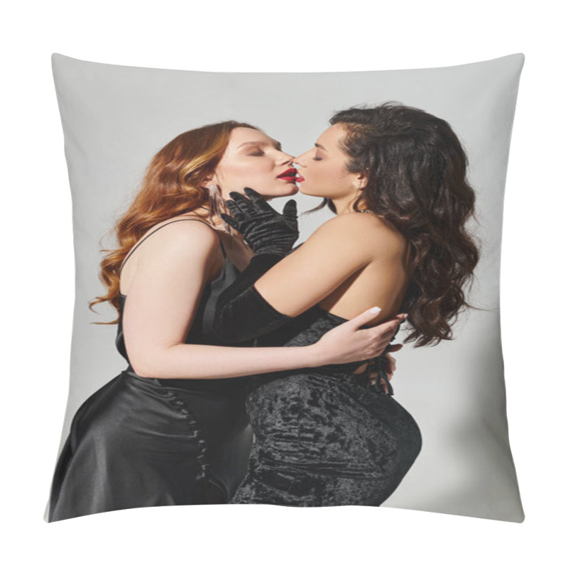 Personality  Two Women In Black Dresses Sharing A Tender Kiss, Embodying Love And Elegance. Pillow Covers