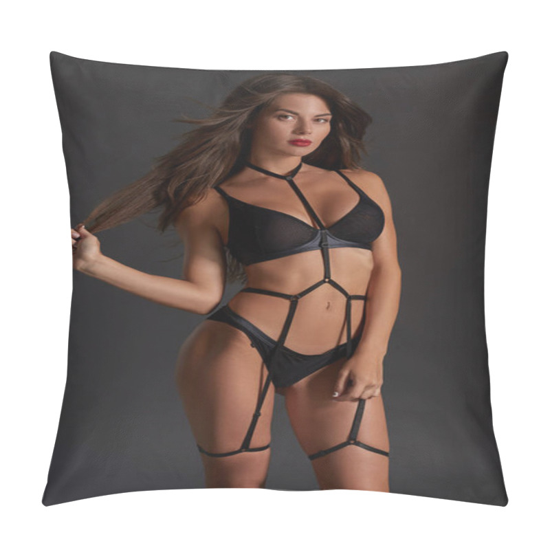 Personality  Beautiful Woman In Underwear And Leather Bandage. Sexy Body Girl Weared Swordbelt Posing Against Dark Grey Background. Pillow Covers