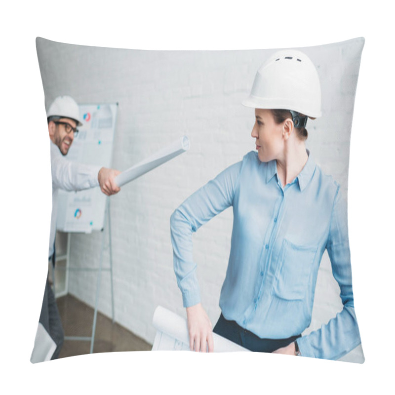 Personality  Playful Architects Fighting With Rolled Building Plans At Office Pillow Covers