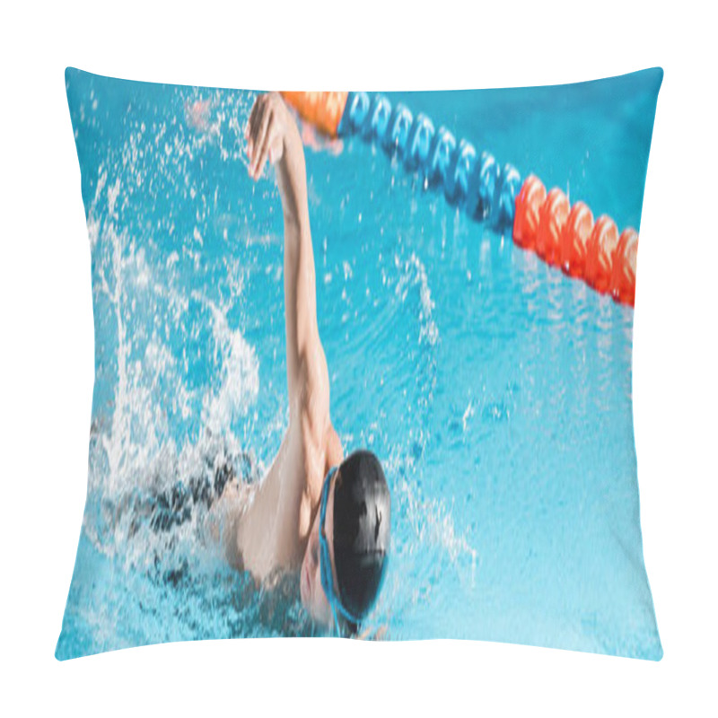 Personality  Panoramic Shot Of Handsome Swimmer Training In Swimming Pool  Pillow Covers