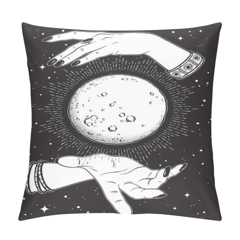 Personality  Hand Drawn Full Moon With Rays Of Light In Hands Of Fortune Teller Line Art And Dot Work. Boho Chic Tattoo, Poster Or Altar Veil Print Design Vector Illustration. Pillow Covers