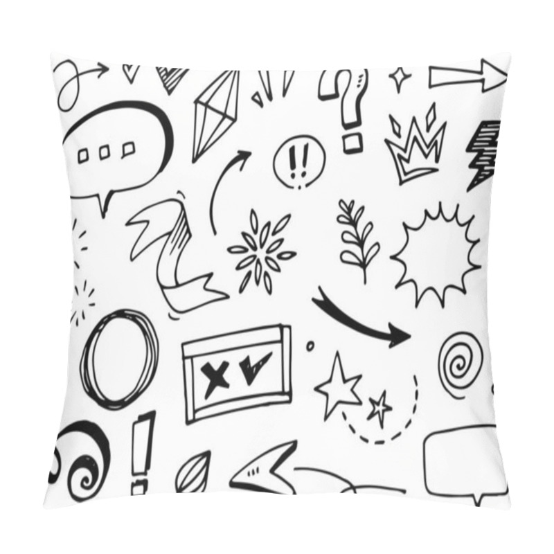 Personality  Abstract Arrows, Ribbons, Fireworks, Hearts, Lightning,love , Leaf, Stars, Cone, Crowns And Other Elements In A Hand Drawn Style For Concept Designs. Scribble Illustration. Pillow Covers