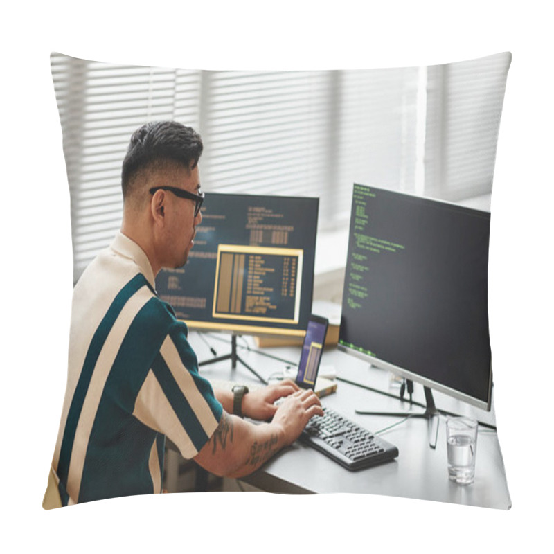 Personality  Side View Of Asian IT Developer Typing On Keyboard With Programming Code On Computer Screen While Working In Office Pillow Covers