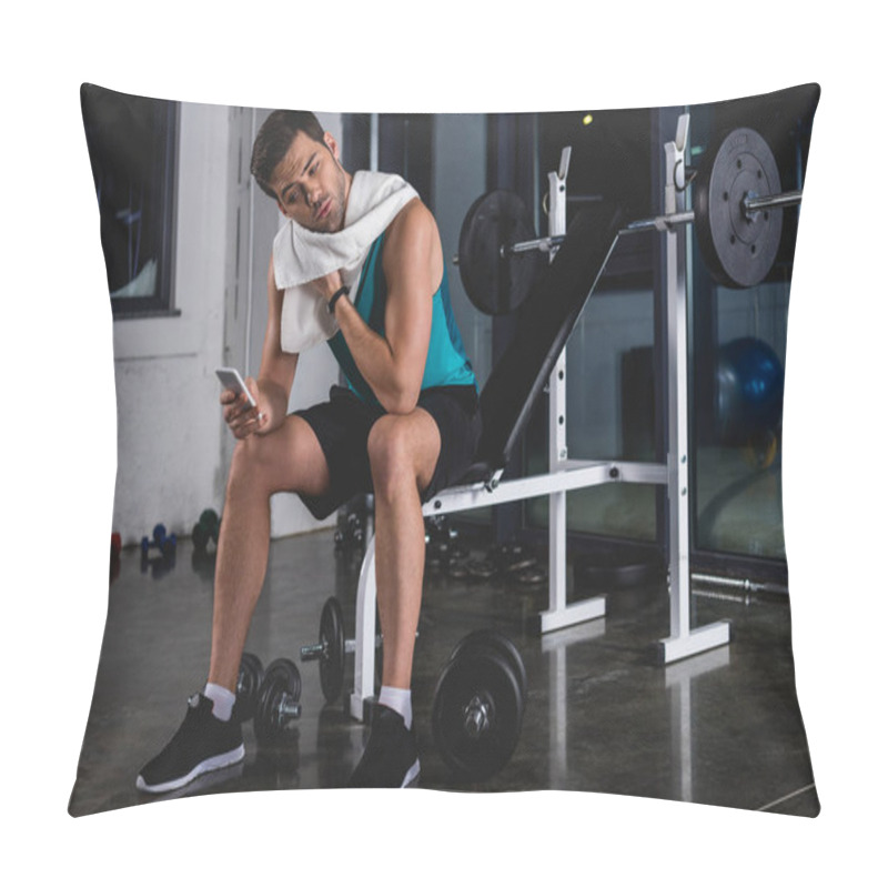 Personality  Sweaty Sportsman With Towel Resting And Using Smartphone In Gym Pillow Covers