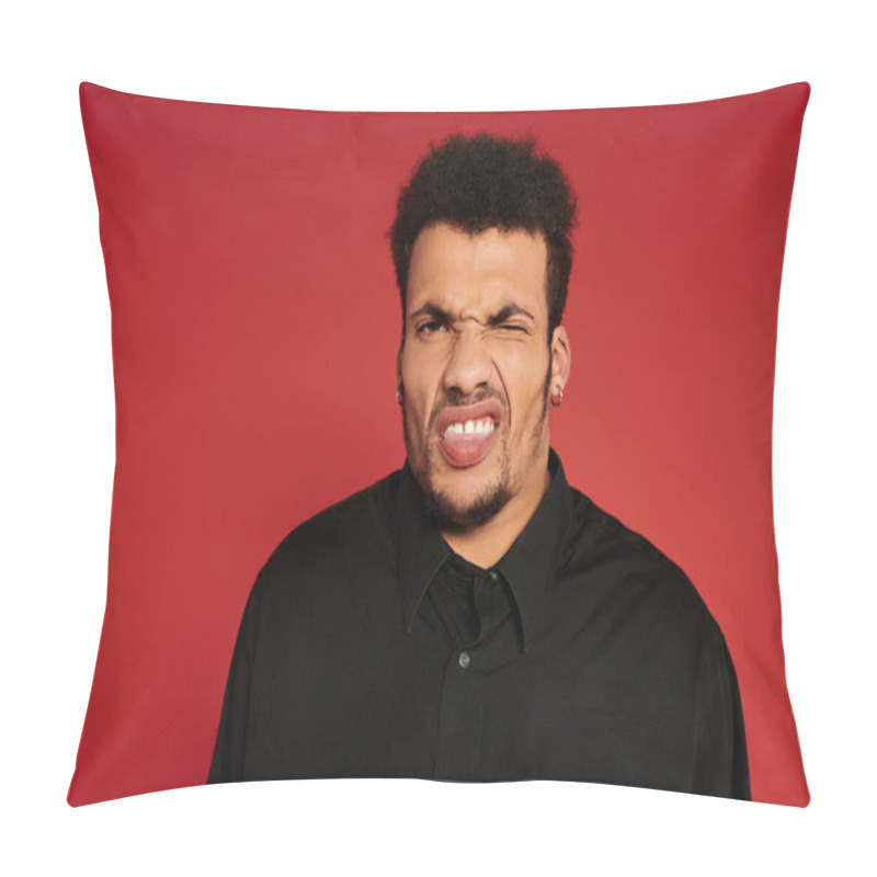 Personality  A Handsome Young Man Poses Playfully With A Silly Expression In A Vibrant Studio. Pillow Covers