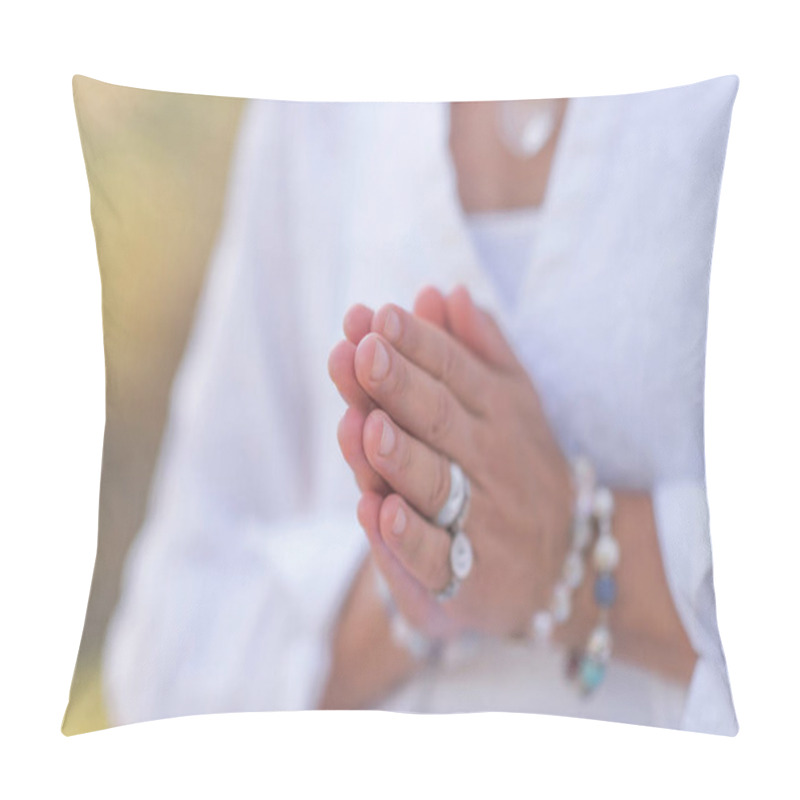 Personality  Female Spiritual Healer Practicing Mindfulness, Sensing And Increasing Positive Energy. Hand Gesture Pillow Covers