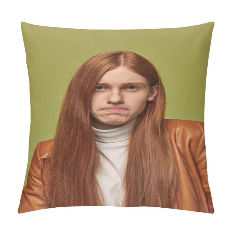 Personality  A Young Man With Long Red Hair Shows Deep Emotions Against A Bright Green Background. Pillow Covers