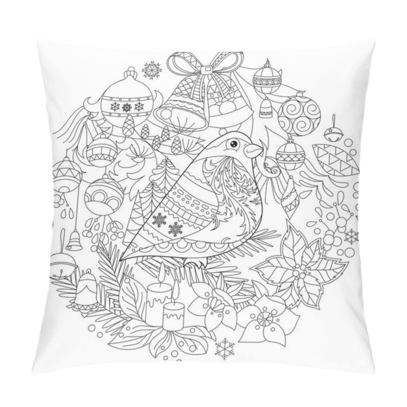 Personality  Contour Linear Winter Illustration With Bullfinch. Traditional Christmas Ornament,   Decoration,  Anti Stress Picture. Line Art Design For Adult Or Kids  In Zen-tangle Style And Coloring Page. Pillow Covers