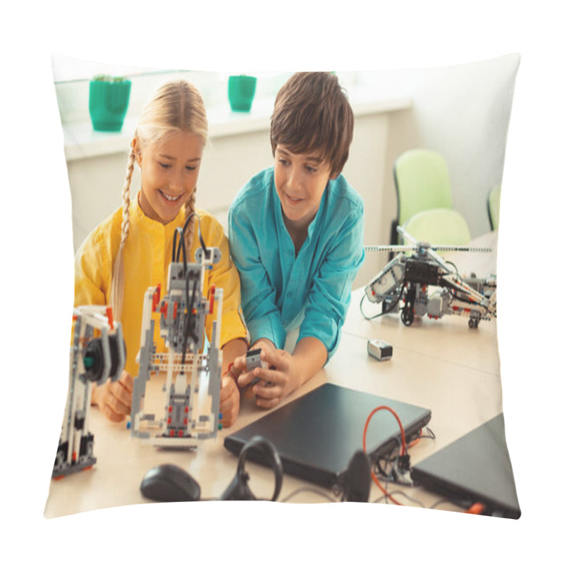 Personality  Boy Helping His Classmate Turning On A Robot. Pillow Covers