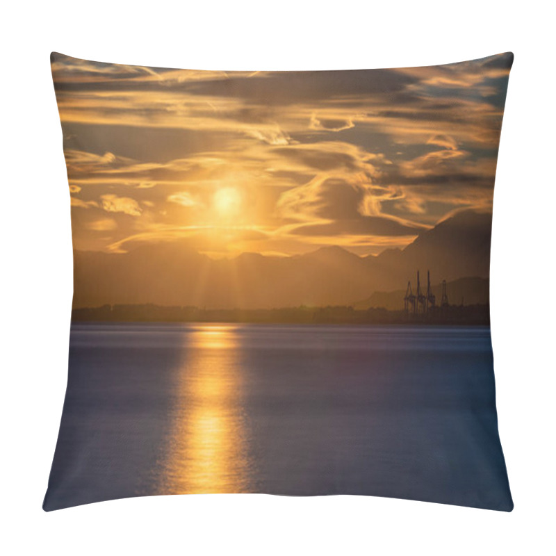 Personality  Golden Sunset Over Malaga Port, With Warm Light Reflecting On The Sea, Dramatic Clouds, And Mountain Silhouettes Blending With Industrial Elements. Pillow Covers