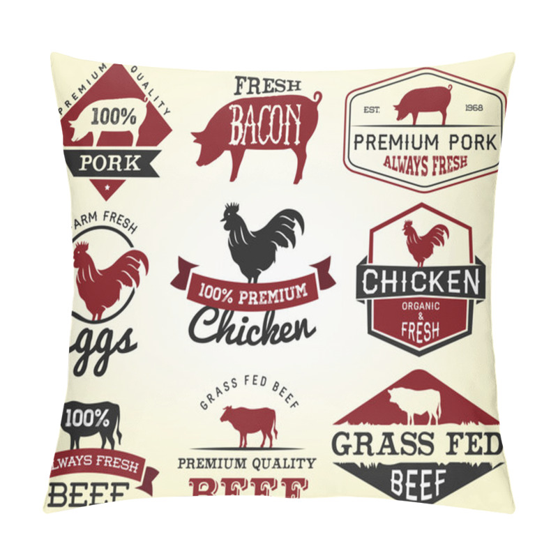 Personality  Collection Of Premium Beef, Chicken And Pork Labels And Design Elements In Vintage Style Pillow Covers