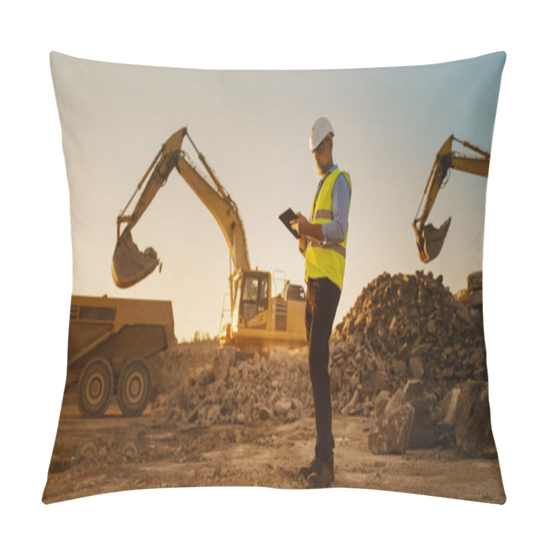 Personality  Caucasian Male Real Estate Investor Wearing Protective Goggles And Using Tablet On Construction Site On A Sunny Day. Man Inspecting Building Progress Pillow Covers