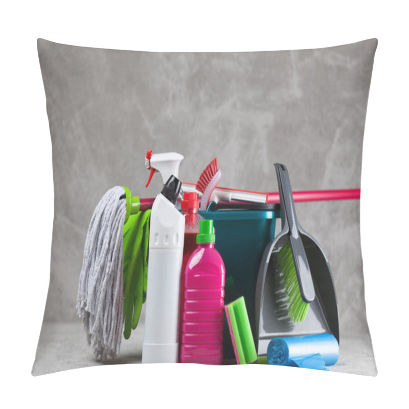 Personality  Cleaning Supplies On Grey Background Pillow Covers