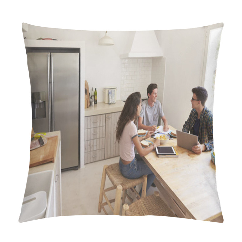 Personality  Teens Study In Kitchen Using Computers  Pillow Covers