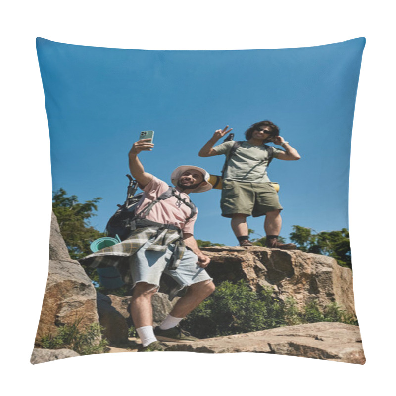 Personality  Two Young Men Hike Together In The Wilderness, Taking A Selfie On A Rocky Mountaintop. Pillow Covers