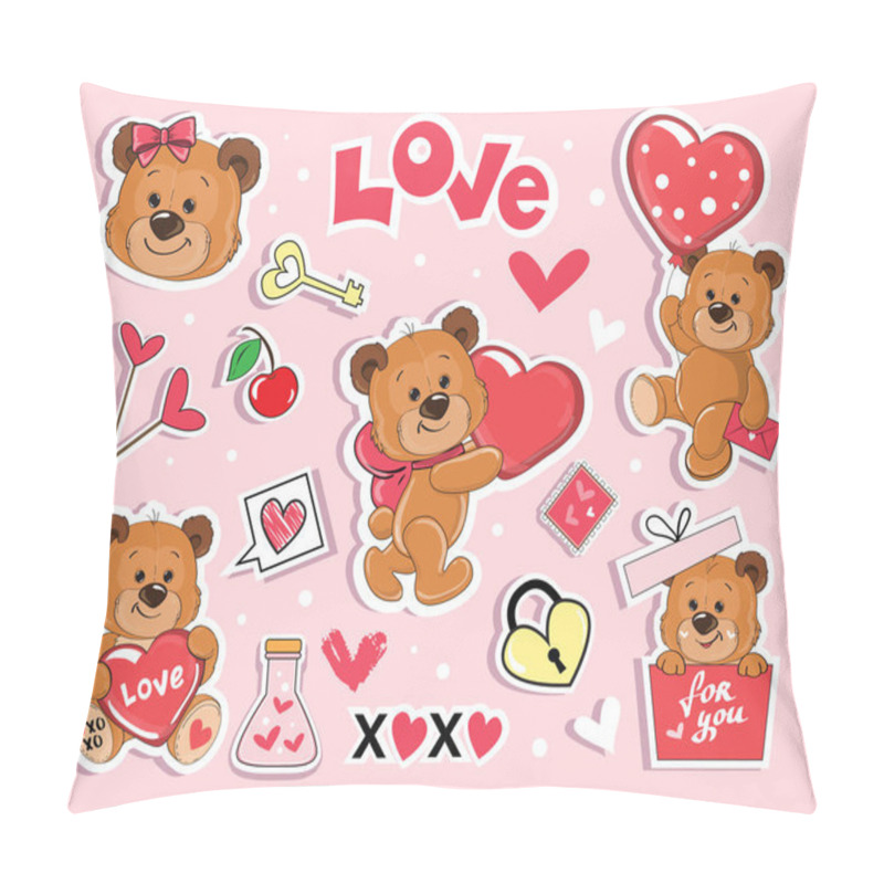 Personality  Set Of Funny Bears, Hearts And Valentines Day Lettering On A Pink Background. Vector Cartoon Illustration Of Fashion Patch Badges Pillow Covers