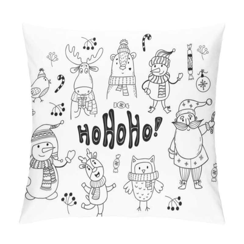 Personality  Set Christmas Cartoon Characters Doodle. Old Man Santa Claus, Snowman, An Owl And Bear In Knitted Scarf And Hat, An Elk, Bird And Christmas Balls And Caramel Stick. Isolated Vector Hand Drawings Pillow Covers