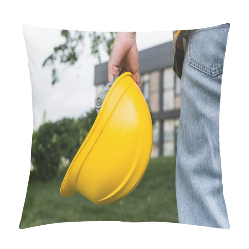 Personality  Cropped View Of Workman Holding Hardhat Outdoors, Labor Day Concept Pillow Covers