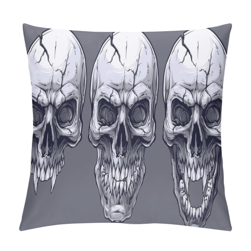 Personality  Detailed Graphic Realistic Cool Black And White Human Skulls With Sharp Canines And Cracks. On Gray Background. Vector Icon Set. Pillow Covers