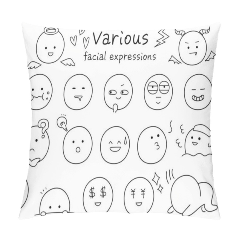 Personality  Simple And Cute Icon Set Of Various Facial Expressions. Black Line Drawing With Hand-drawn Touch Pillow Covers