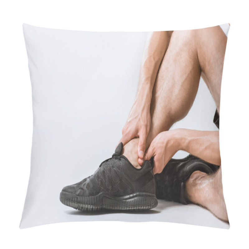 Personality  Partial View Of Sportsman With Ankle Pain On Grey Pillow Covers