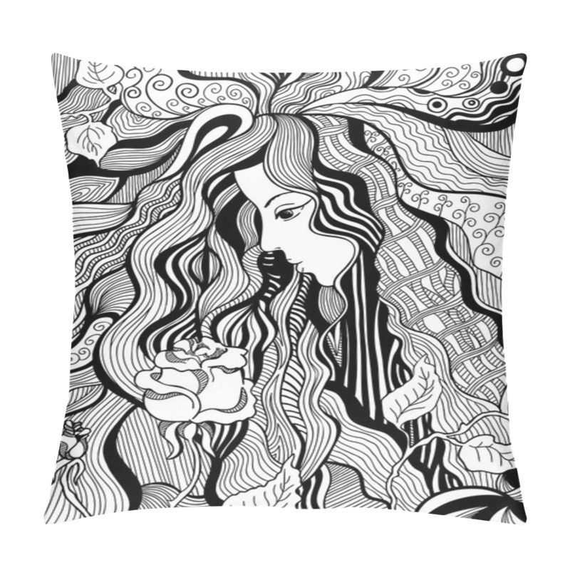 Personality  Artistic Hand Drawn Illustration Of A Girl With Rose Pillow Covers