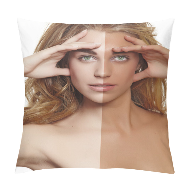 Personality  Tanned Blond Woman With Long Hair Pillow Covers