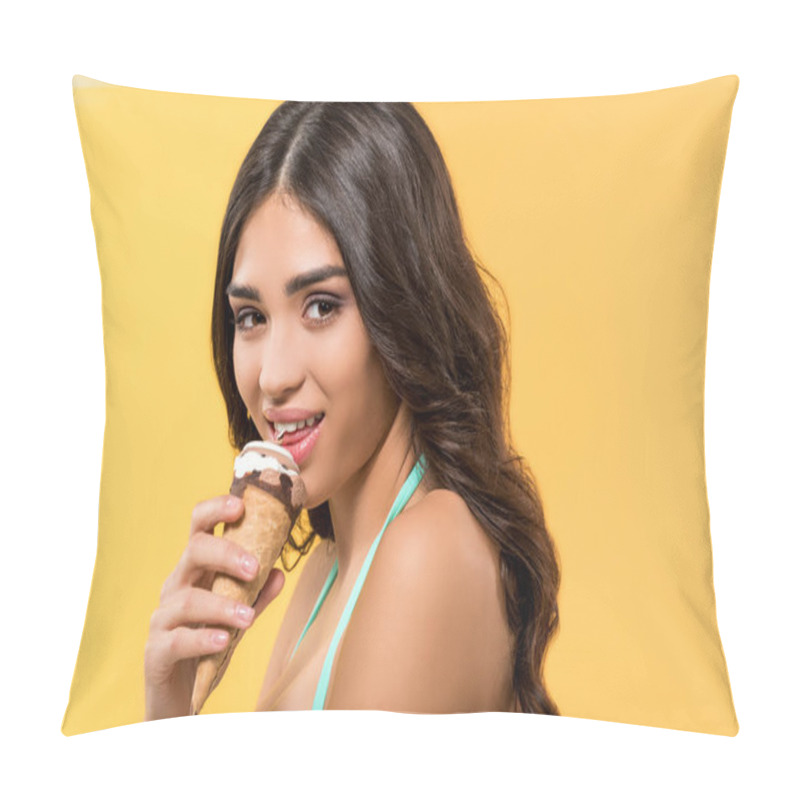 Personality  Attractive Girl Eating Ice Cream Cone, Isolated On Yellow Pillow Covers