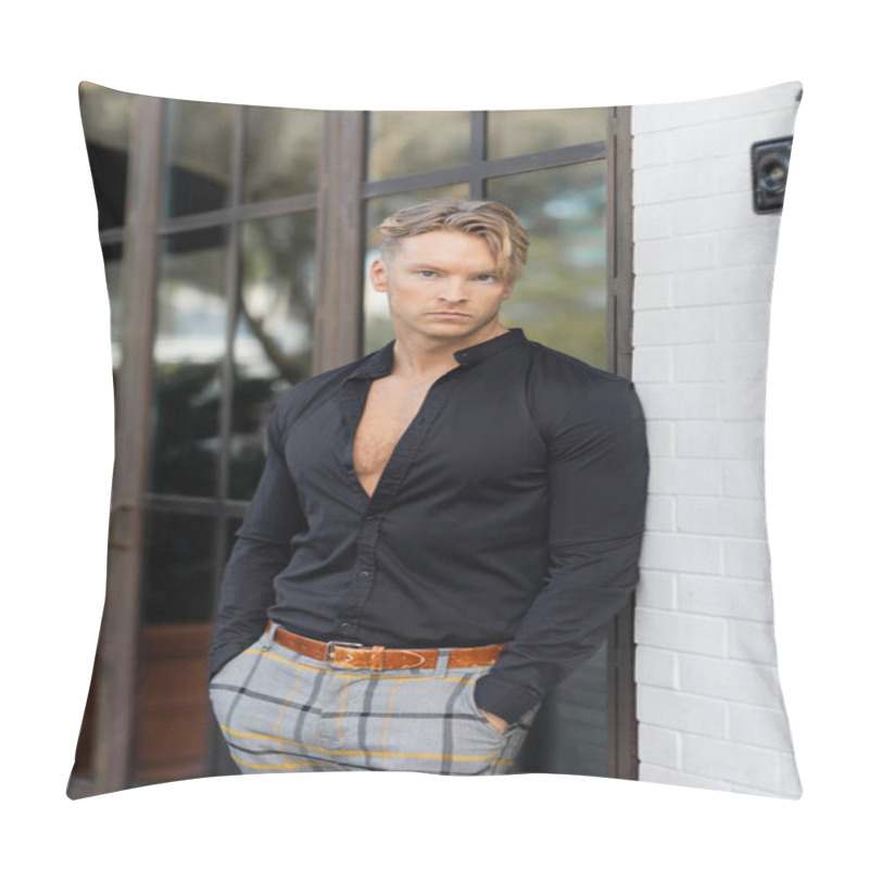 Personality  A Handsome Blonde Man In A Black Button-down Shirt And Plaid Pants Leans Against A Building On A Street In Orlando, Florida. Pillow Covers