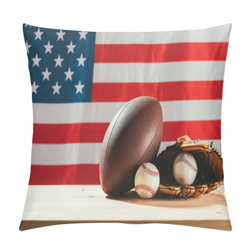 Personality  American Flag And Sport Equipment On Foreground Pillow Covers