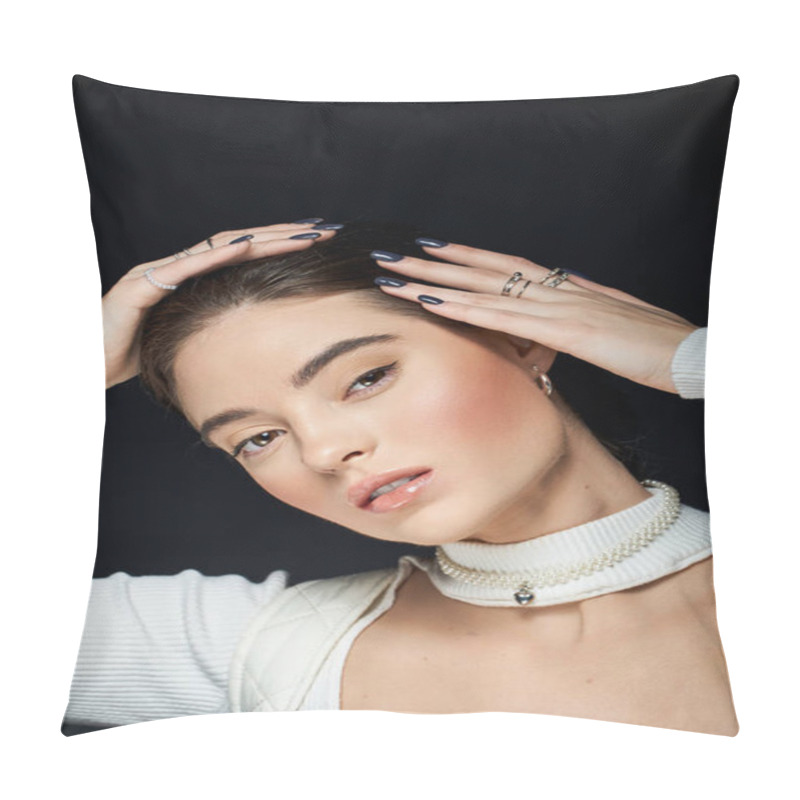 Personality  A Graceful Woman Poses With Her Hands In Her Hair, Exuding Confidence And Charm In A Sleek Outfit. Pillow Covers