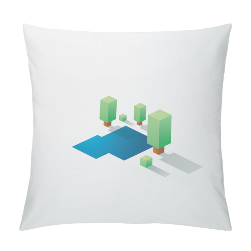 Personality  Minimalistic Nature Landscape Background. Low Poly Isometric Design. Trees And Lake Environment. Pillow Covers