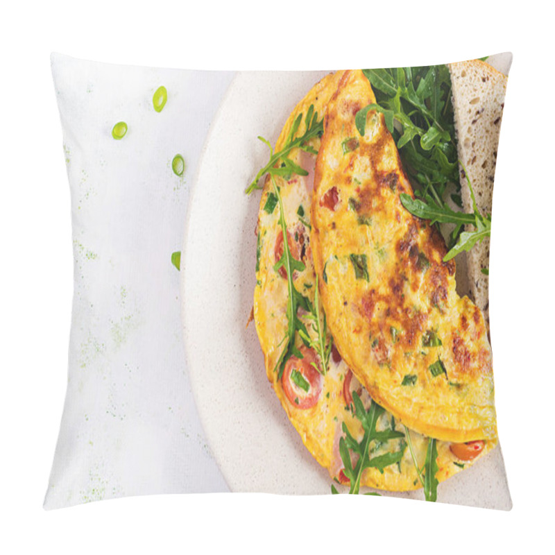 Personality  Omelette With Tomatoes, Ham, Cheese And Green Herbs On Plate.  Frittata - Italian Omelet. Top View, Overhead, Copy Space Pillow Covers