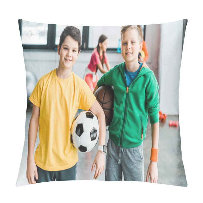 Personality  Smiling Boys Holding Balls And Looking At Camera Pillow Covers