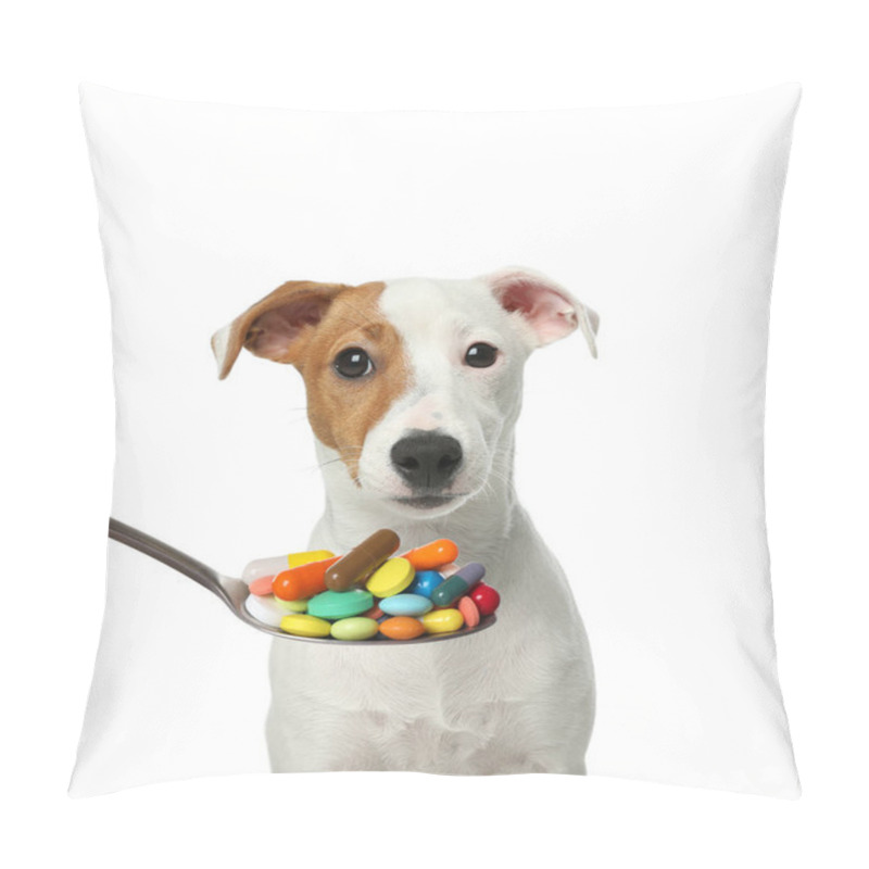 Personality  Cute Jack Russel Terrier And Spoon Full Of Different Pills On White Background. Vitamins For Animal  Pillow Covers