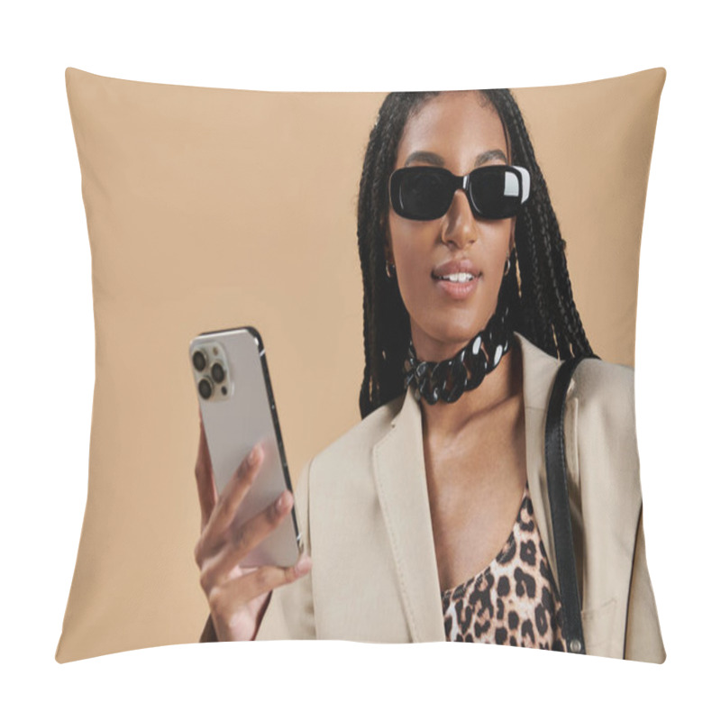 Personality  A Stylish Young Woman Flaunts Her Trendy Outfit And Smartphone, Radiating Confidence. Pillow Covers