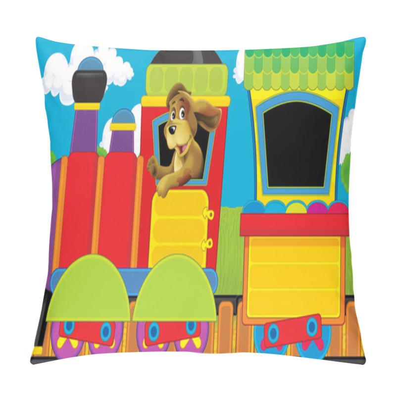 Personality  Cartoon Funny Looking Steam Train Going Through The Meadow - Illustration For Children Pillow Covers