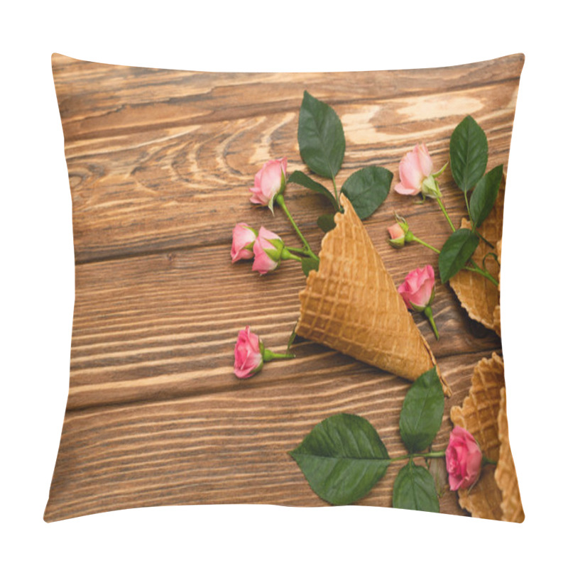 Personality  Top View Of Pink Flowers In Waffle Cones On Wooden Surface Pillow Covers