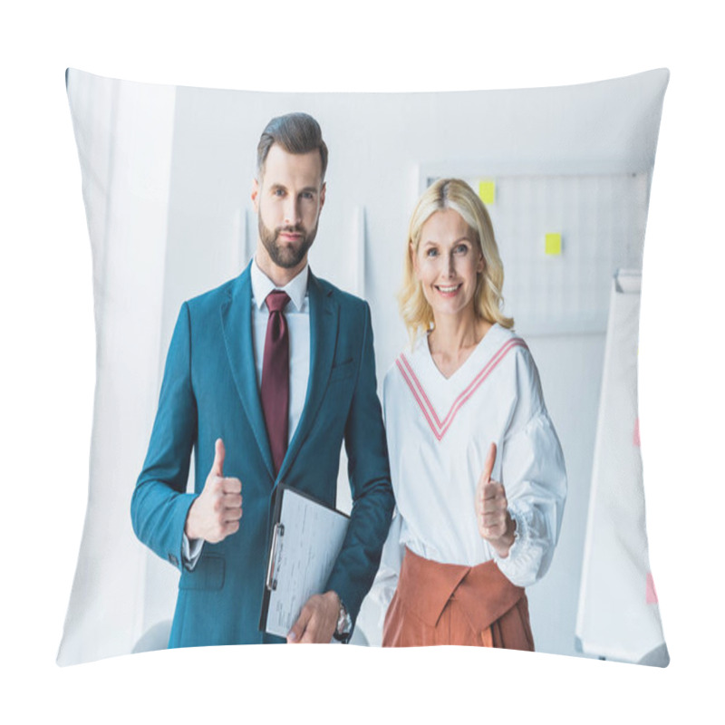 Personality  Handsome Recruiter And Blonde Woman Showing Thumbs Up In Office  Pillow Covers