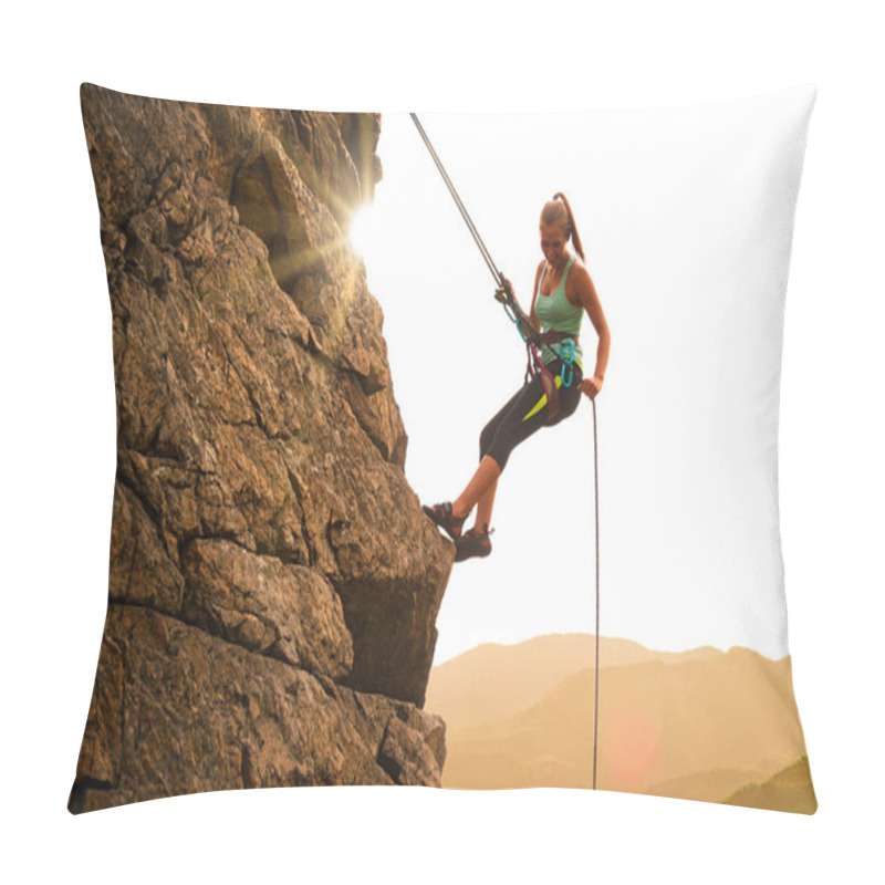 Personality  Beautiful Woman Climbing On The Rock At Foggy Sunset In The Mountains. Adventure And Extreme Sport Concept Pillow Covers