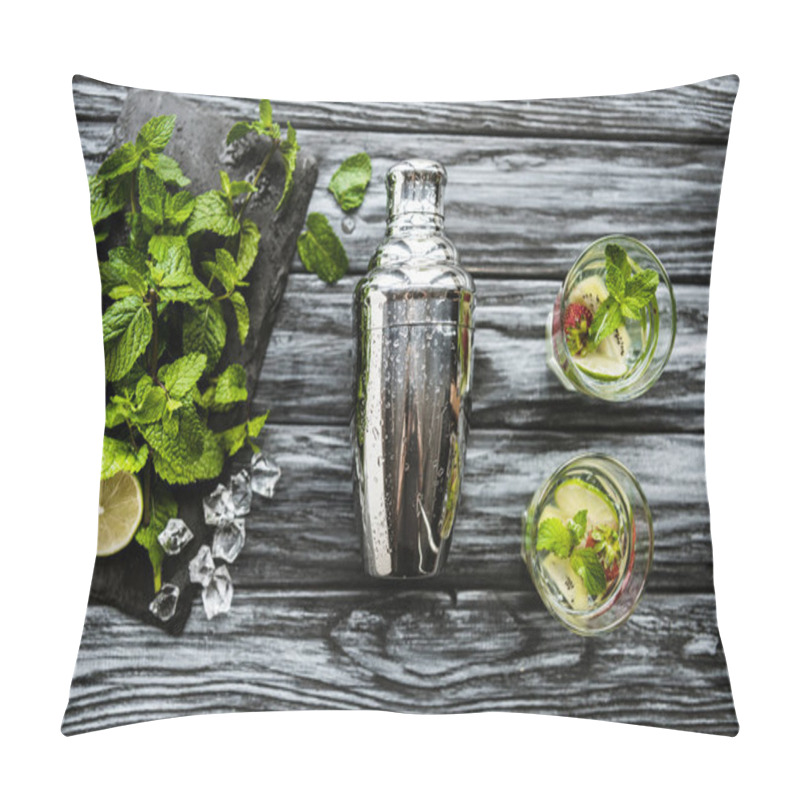 Personality  Top View Of Shaker, Glasses And Ingredients For Strawberry Kiwi Mojito On Wooden Table Pillow Covers