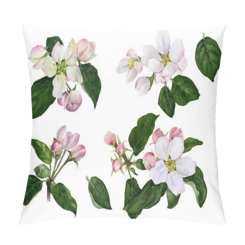 Personality  Set Of Apple Flowers And Buds With Green Leaves Hand Painted In Watercolor Isolated On The White Background Pillow Covers