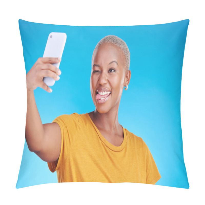 Personality  Social Media, Selfie And Funny Face With A Black Woman On Blue Background In Studio To Update Her Profile Picture. Post, App And A Happy Young Female Influencer Taking A Photograph For Her Status. Pillow Covers