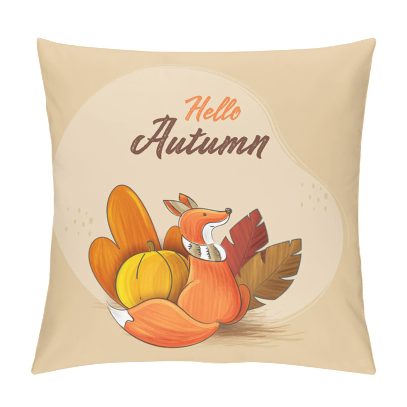 Personality  Hello Autumn Concept With Cartoon Fox Sitting, Pumpkin And Leaves On Beige Background. Pillow Covers