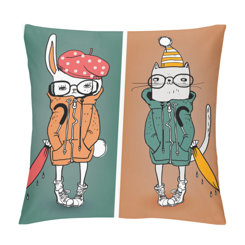 Personality  Cute Cat And Hare In Warm Clothes Pillow Covers