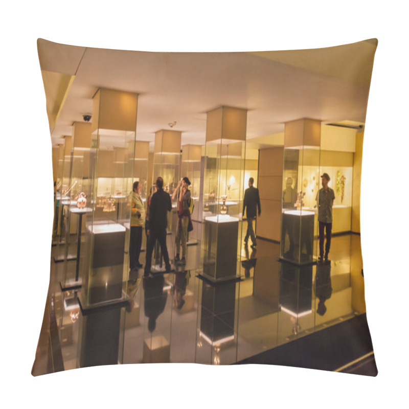 Personality  BOGOTA, COLOMBIA - SEPTEMBER 24, 2015: Visitors In Gold Museum (Museo Del Oro) In Bogota, Capital Of Colombia. Pillow Covers