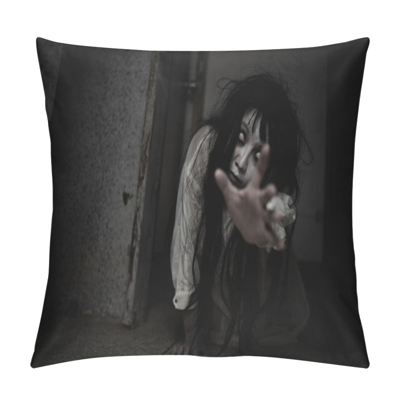 Personality  Portrait Of Asian Woman Make Up Ghost,Scary Horror Scene For Background,Halloween Festival Concept,Ghost Movies Poster,angry Spirit In The Apartment Pillow Covers