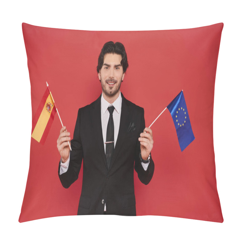 Personality  A Confident Young Man In A Sleek Suit Proudly Holds The Spanish And EU Flags. Pillow Covers