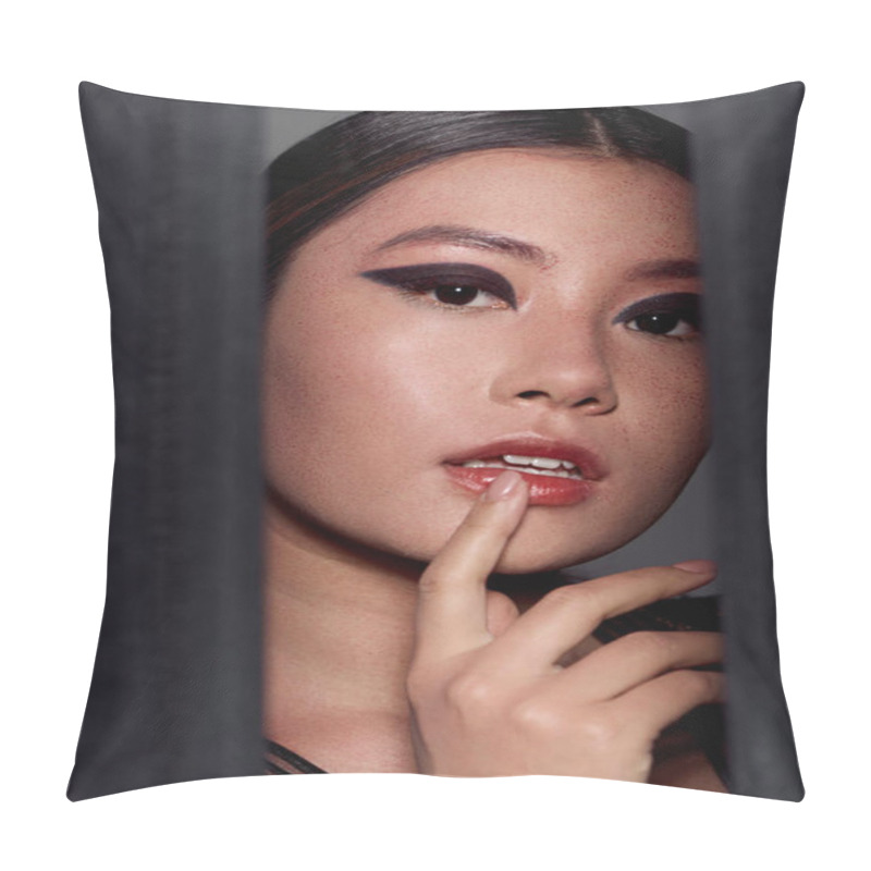 Personality  A Beautiful Asian Woman With Dark Eyeliner And Red Lips Looks Directly At The Camera. Pillow Covers